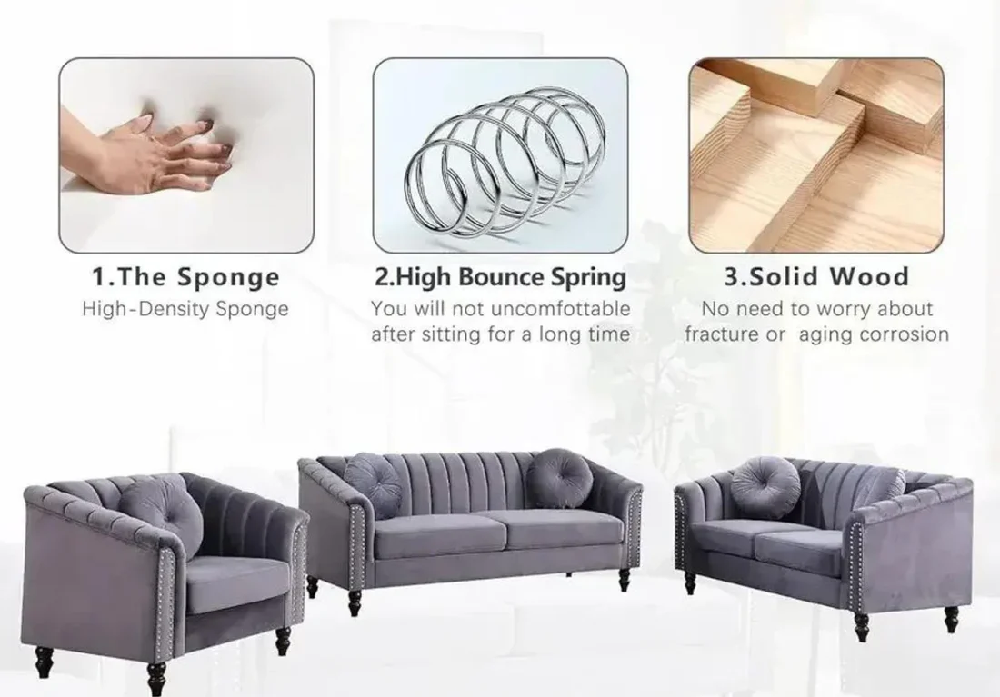 Gray Velvet Sofa Set - 8088