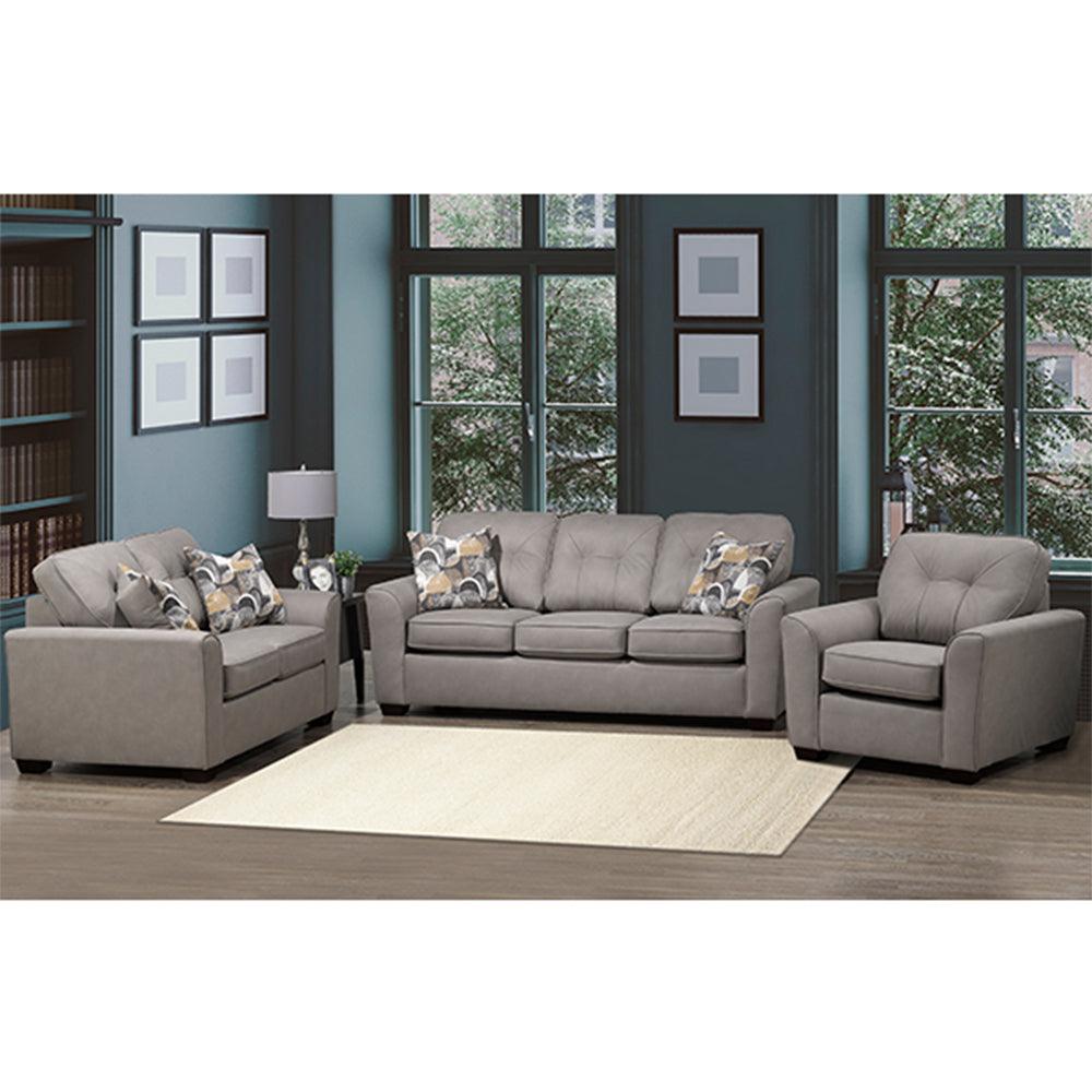 Gray sofa set with decorative pillows in a living room setting.