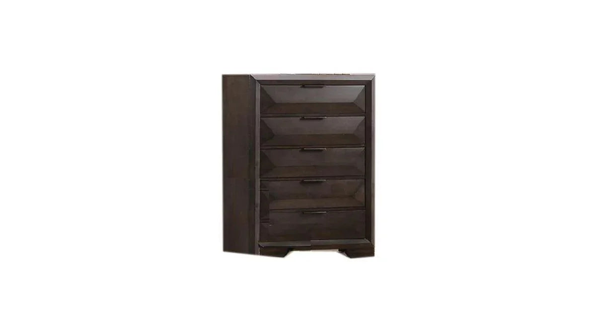 Dark brown wooden dresser with four drawers on a white background