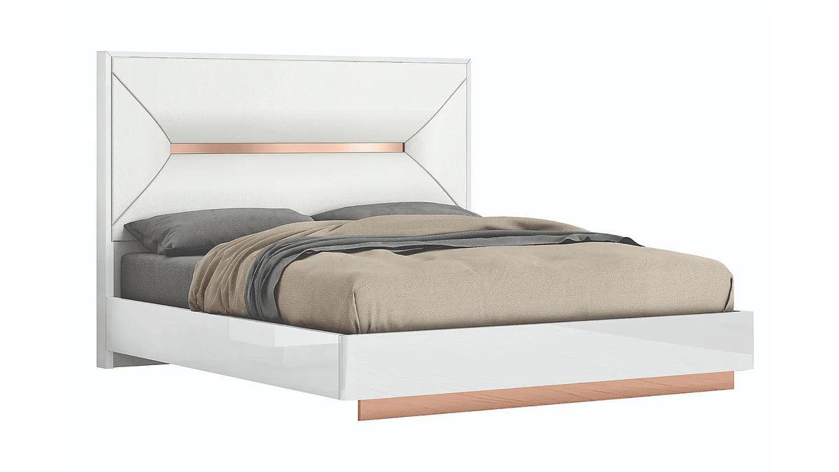 White bed frame with a wooden base on a white background