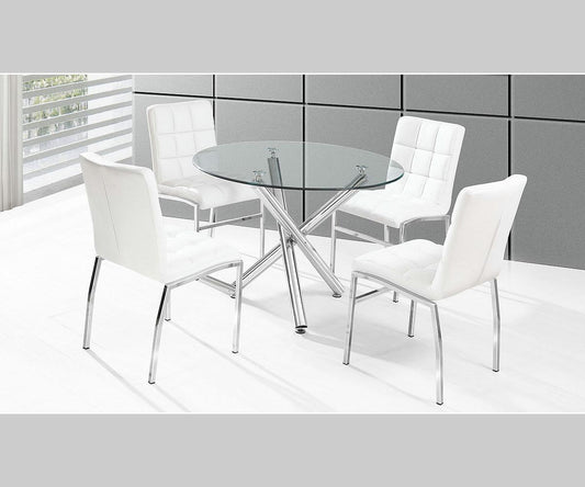 Round glass dining table with four white chairs in a modern setting.