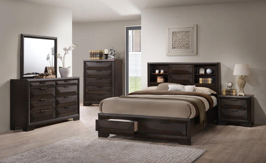 Modern bedroom set with dark wood furniture including a bed, dresser, and nightstands.